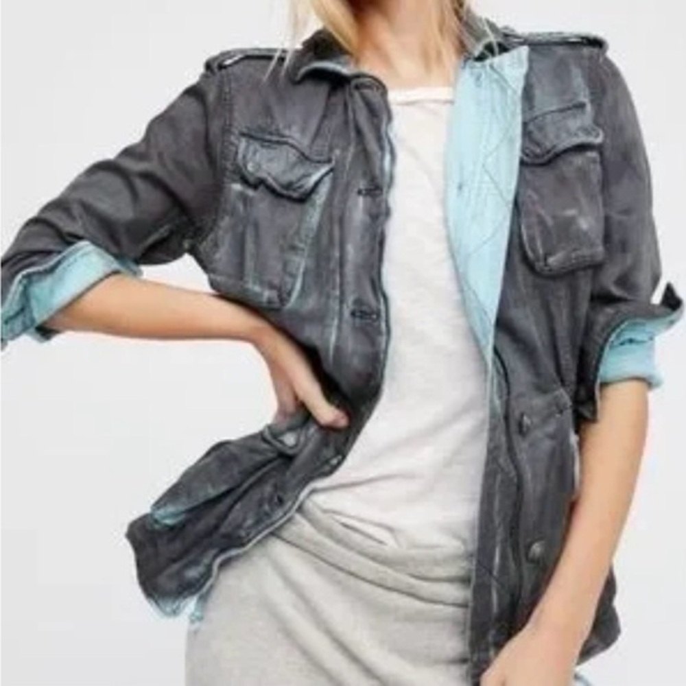 Free People Not Your Brother's Surplus Doublecloth Jacket Distressed M Grey/Blue